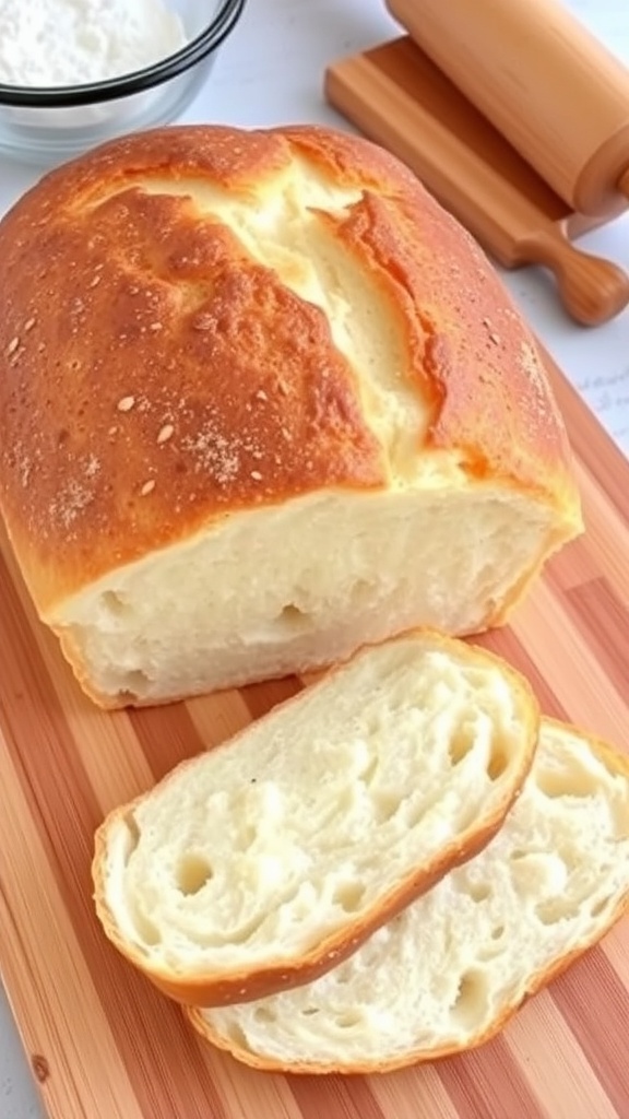 A rustic loaf of Dutch oven bread with a golden crust, sliced on a wooden board.